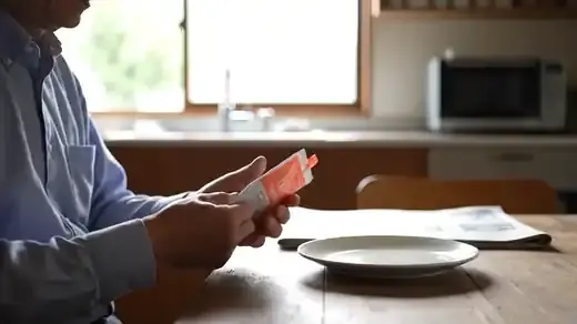 Just after lunch at a kitchen table, a man in his sixties tears the notch of a small white gel pouch
