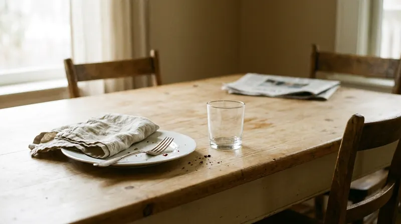 Lunch plate pushed aside on a wooden kitchen table in early-afternoon light
