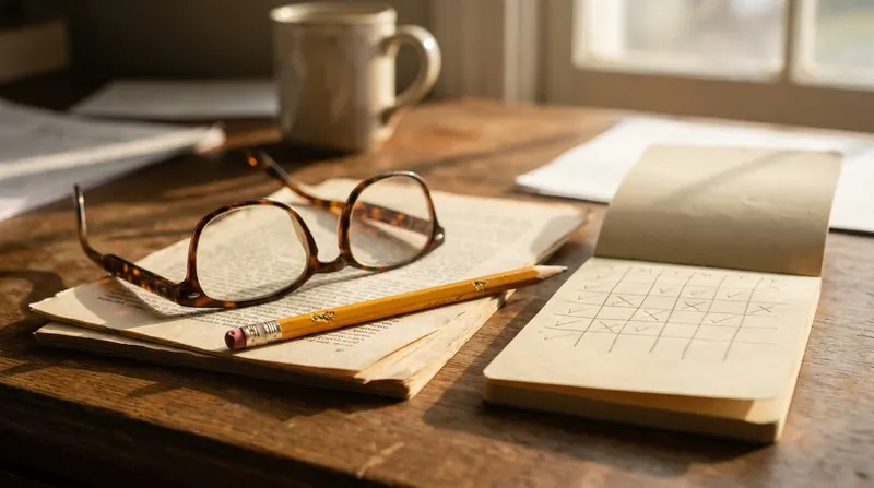 Reading glasses resting on a stack of printed pages beside a notebook of pencil ticks