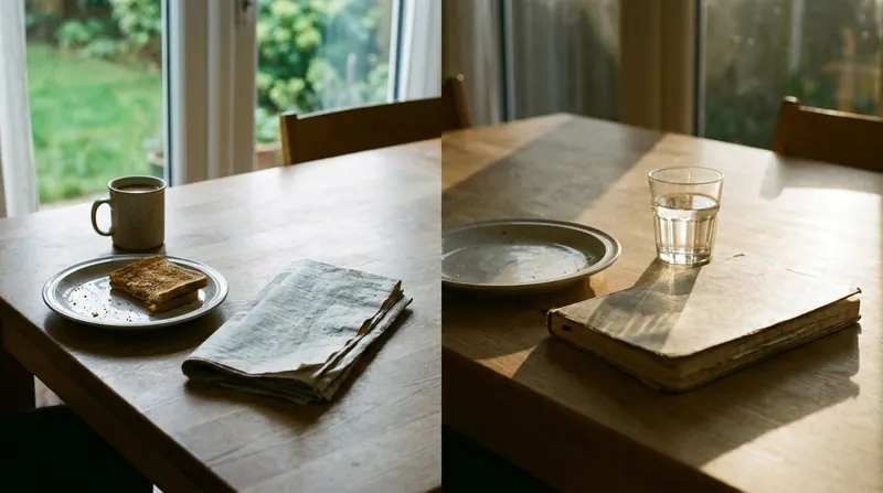 Split frame of one kitchen table at breakfast on the left and just after lunch on the right