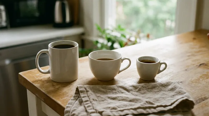 Three coffee cups of different sizes on a counter, from a large mug to a small espresso cup