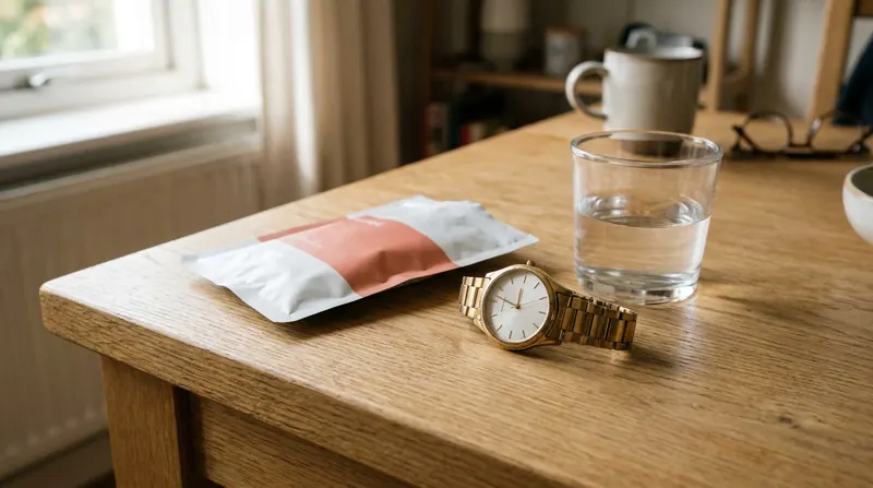 Wristwatch lying beside a white gel pouch and a glass of water on a desk