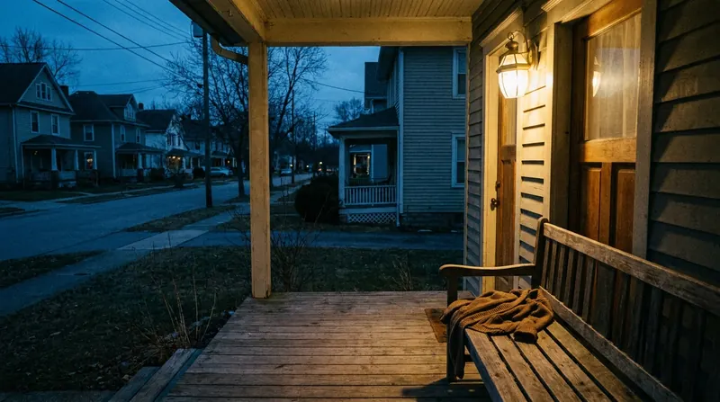 Porch light glowing beside a front door at dusk on a quiet street