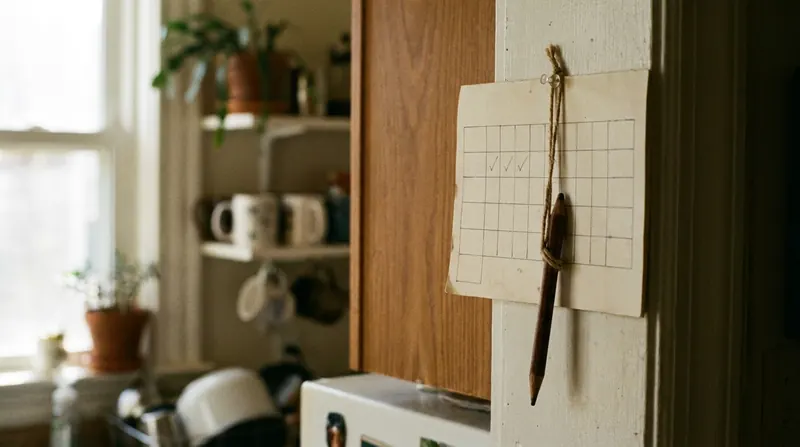 Calendar squares ticked in pencil three times in one week on a kitchen wall