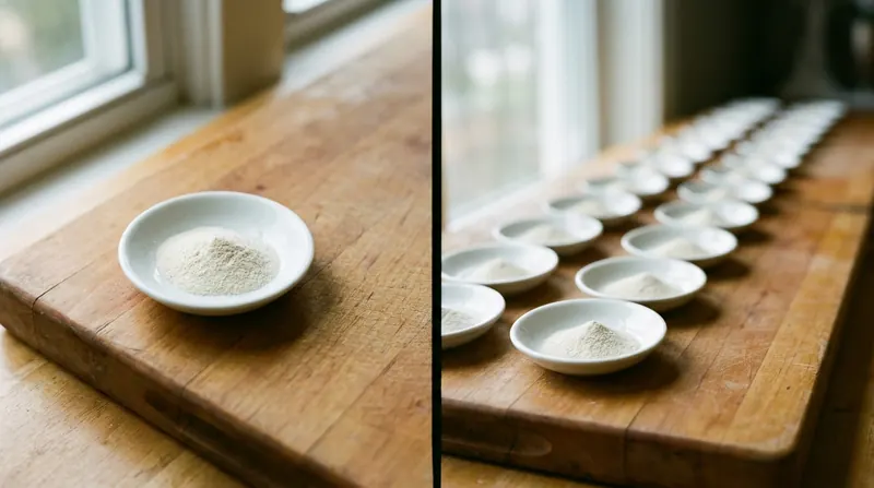 Split frame of one small dish on a board beside a long row of thirty identical dishes
