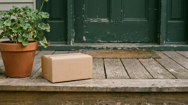 Cardboard parcel resting on a porch step beside a front door in early-afternoon light