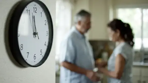 Kitchen wall clock with no numerals as the minute hand moves toward the afternoon