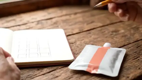 Pencil ticks going into a hand-drawn grid in a small notebook beside a gel pouch