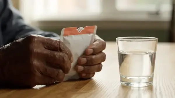 Tearing the notch of a white gel pouch and squeezing pale orange gel into a glass of water