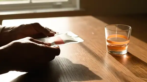 Folding an empty gel pouch flat beside a glass with a trace of orange at the bottom