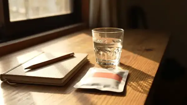 Afternoon sunlight sliding across a desk with a notebook, a glass of water and a white gel pouch
