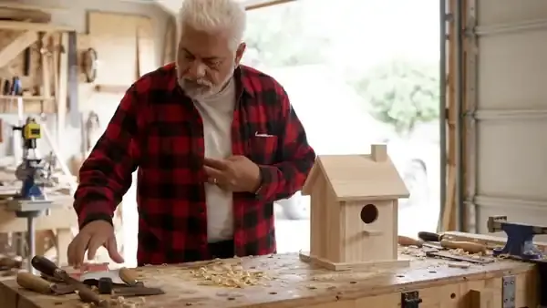 Garage workbench in early-afternoon light, a white-haired man sets a torn gel pouch beside a birdhouse